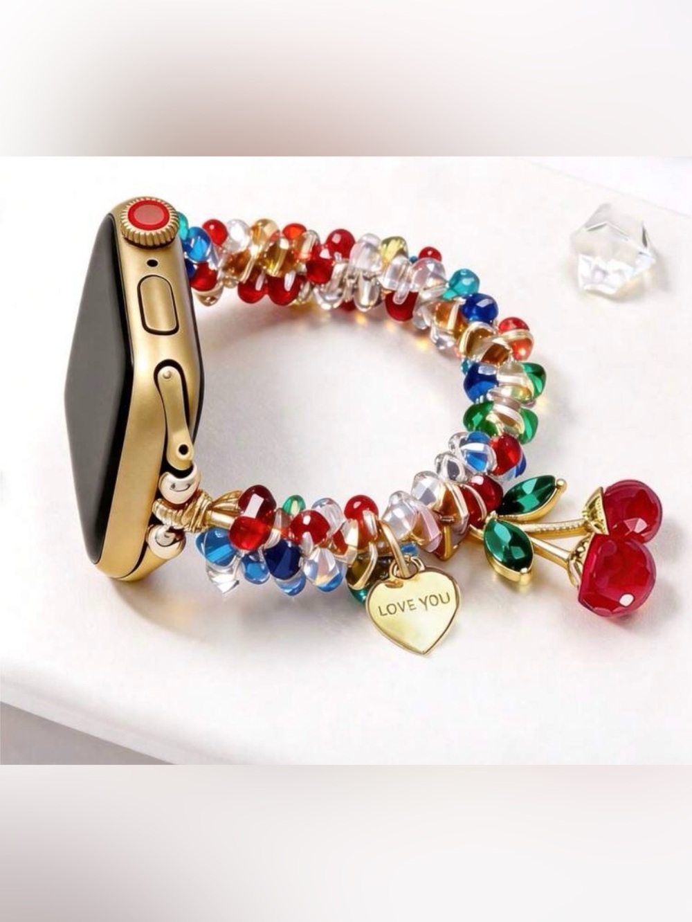 Gold Smartwatch with Multicolor Beaded Charm Band — Heart 'LOVE YOU' Accent